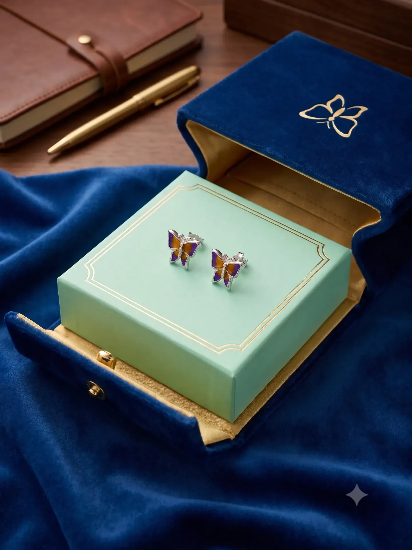 925 Sterling Silver Purple and Yellow Enamel Butterfly Stud Earrings (Pair) E 2.779