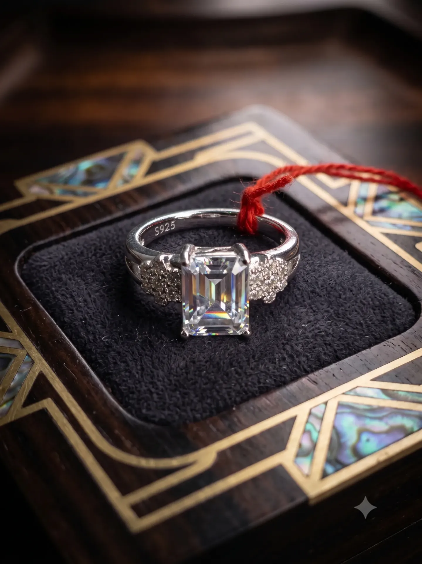 925 Sterling Silver Emerald Cut Solitaire Ring with CZ Accents R3.449