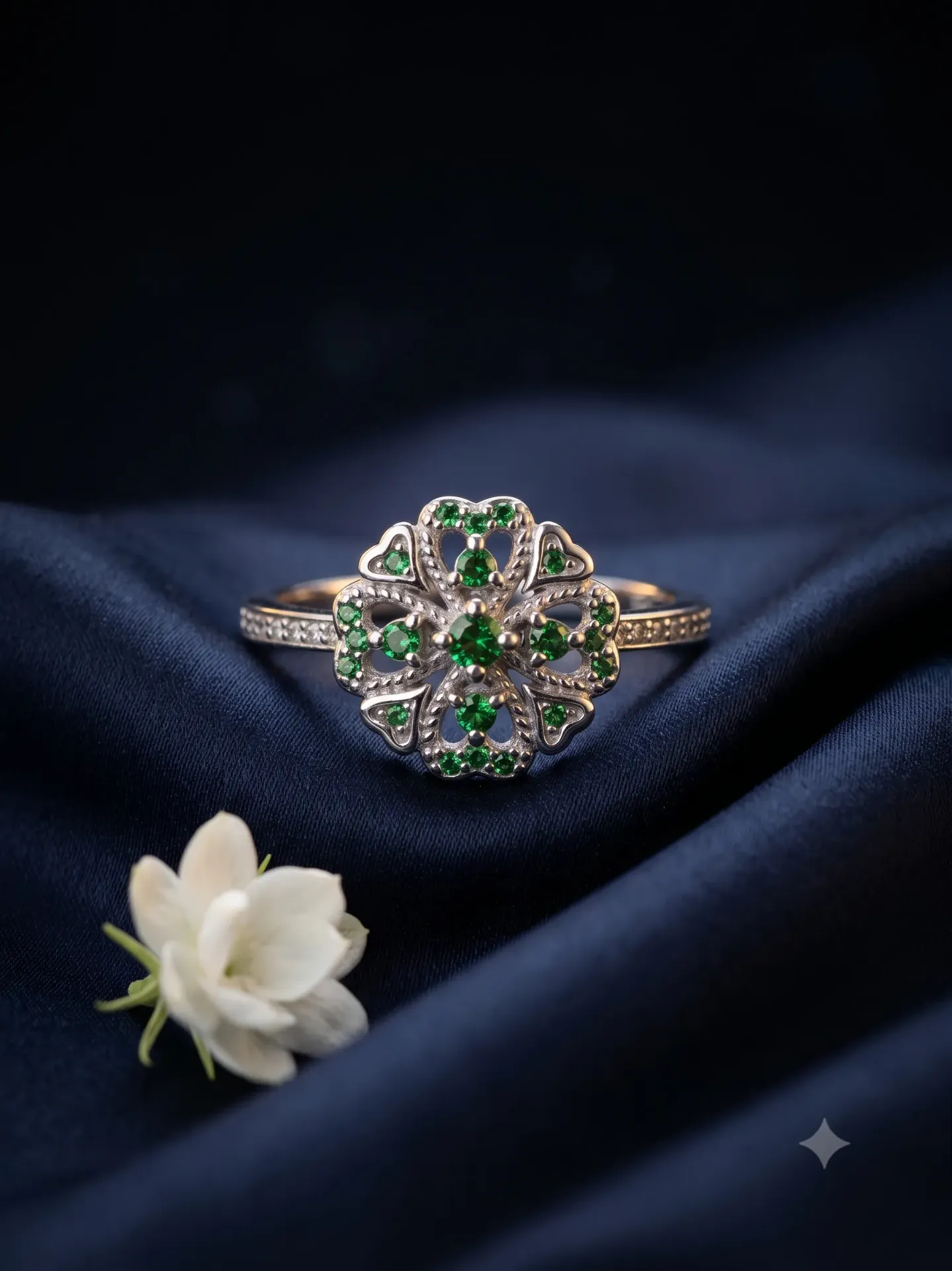 925 Sterling Silver Ornate Filigree Clover Flower Ring with Emerald Green CZ R3.019