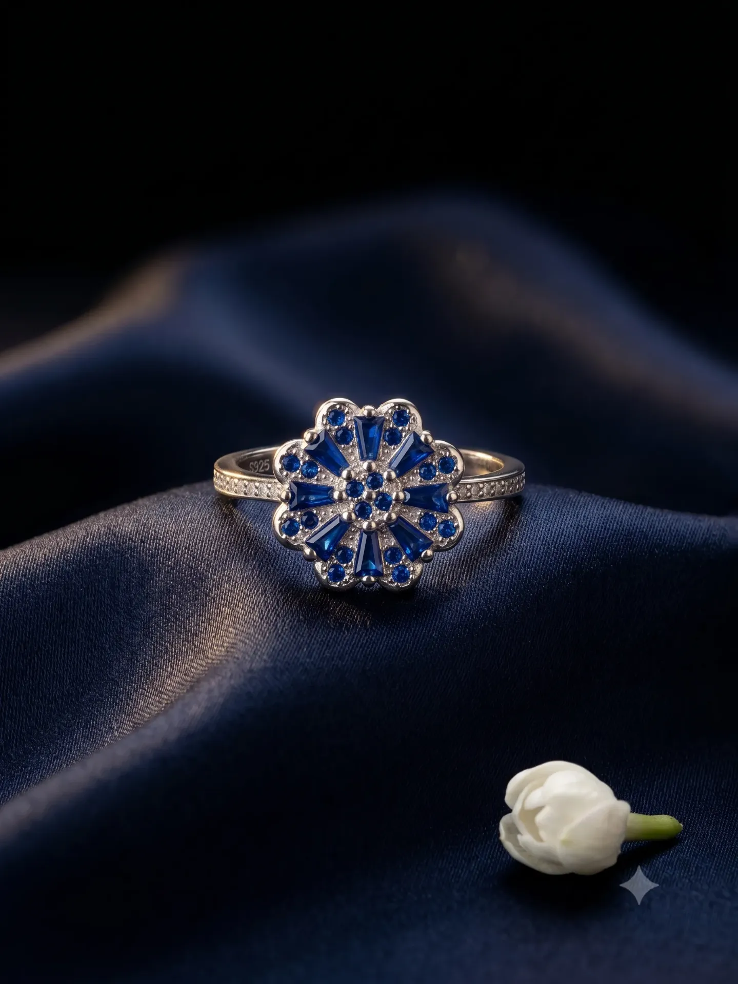 925 Sterling Silver Sapphire Blue Sunburst Flower Ring with Baguette CZ and Pavé Band R3.419