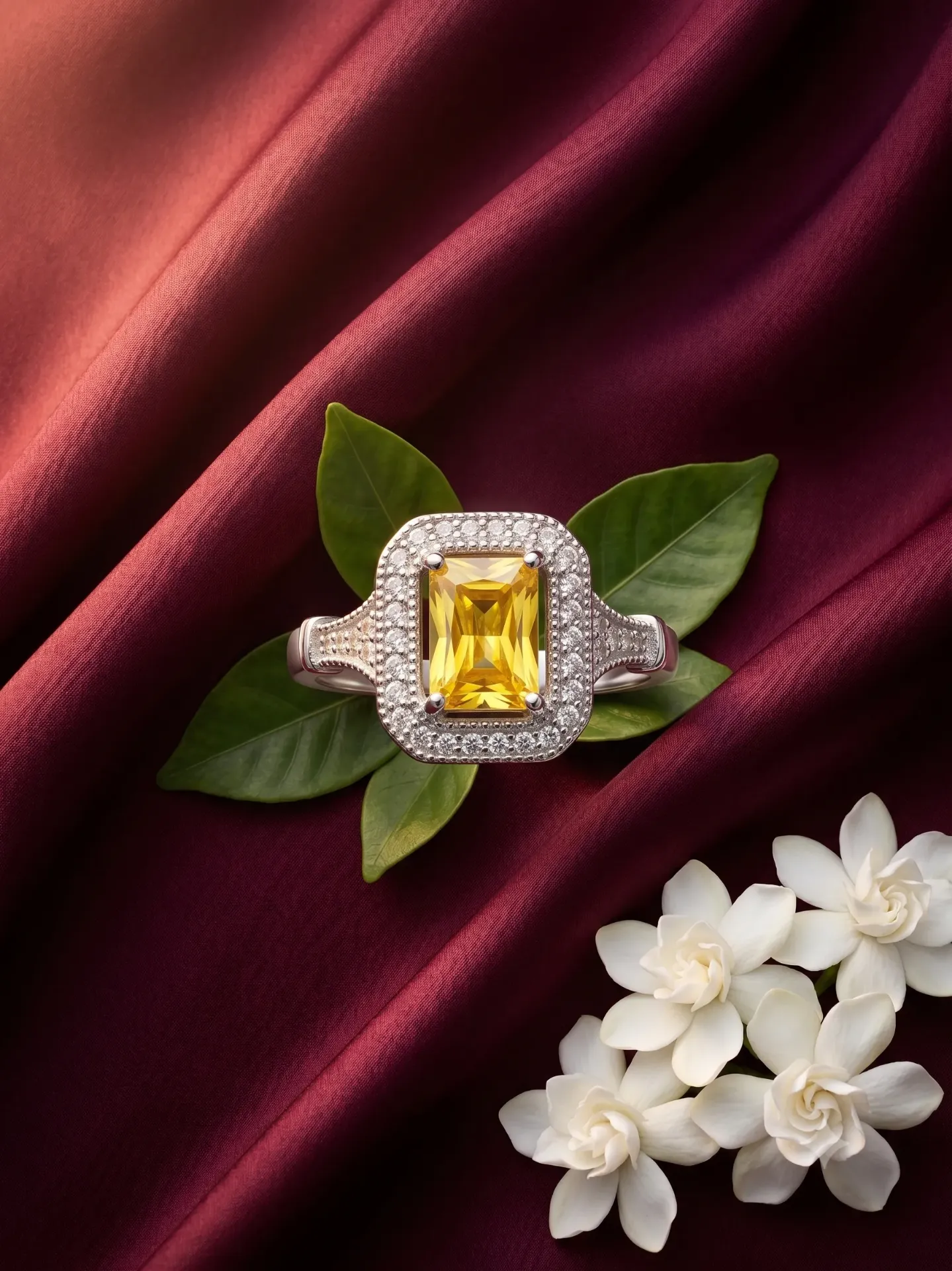 925 Sterling Silver Canary Yellow Emerald-Cut Halo Ring with Clear CZ Accents R3.109