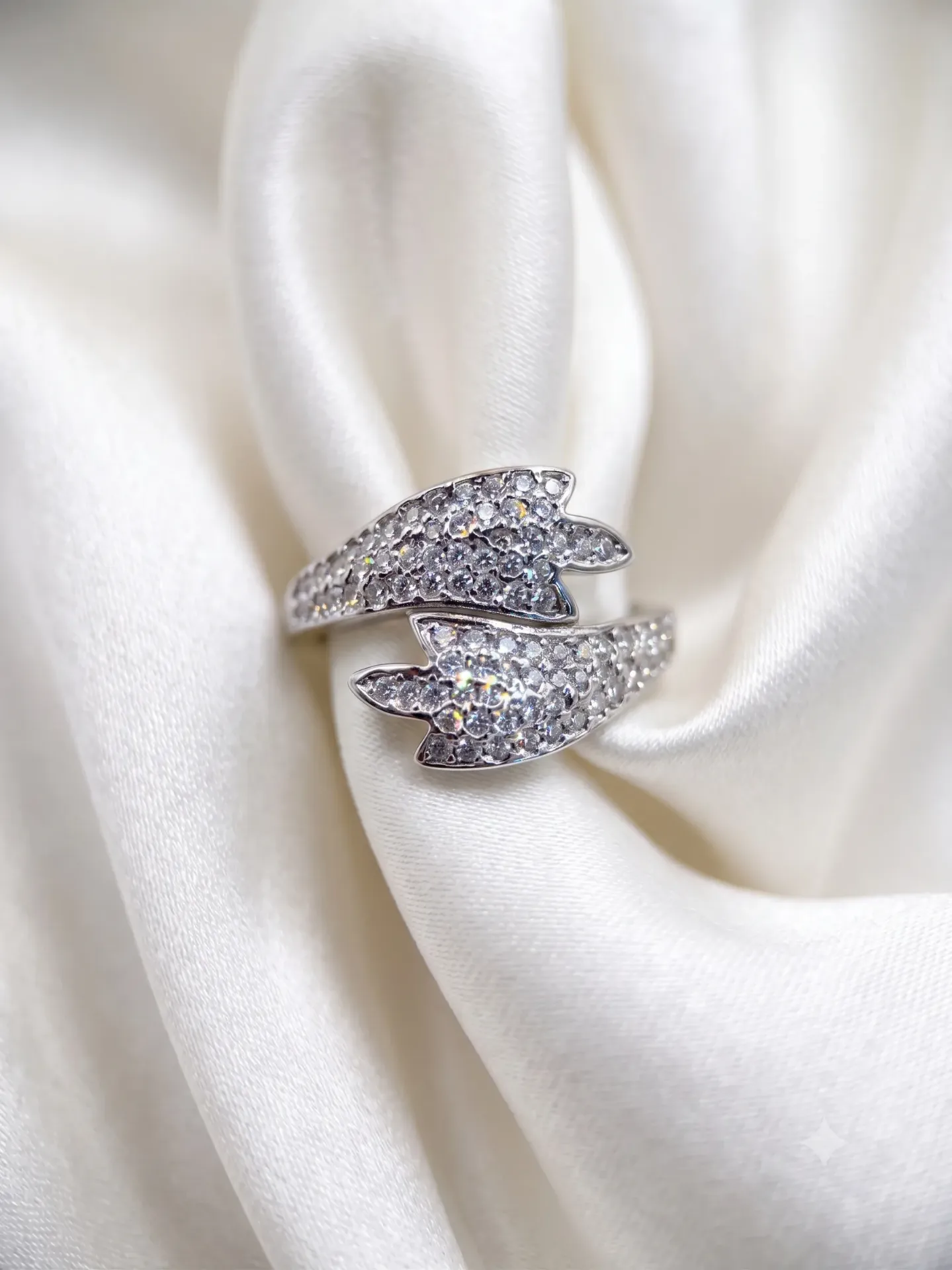 925 Sterling Silver Shimmering Angel Wing Bypass Ring with Clear CZ Pavé R 3.01