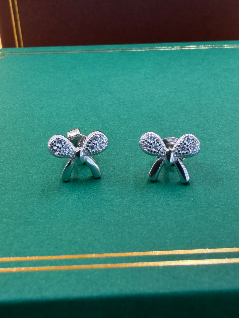 925 Pure Silver Dainty Ribbon Bow Stud Earrings with American Diamonds (Pair) E 1.46