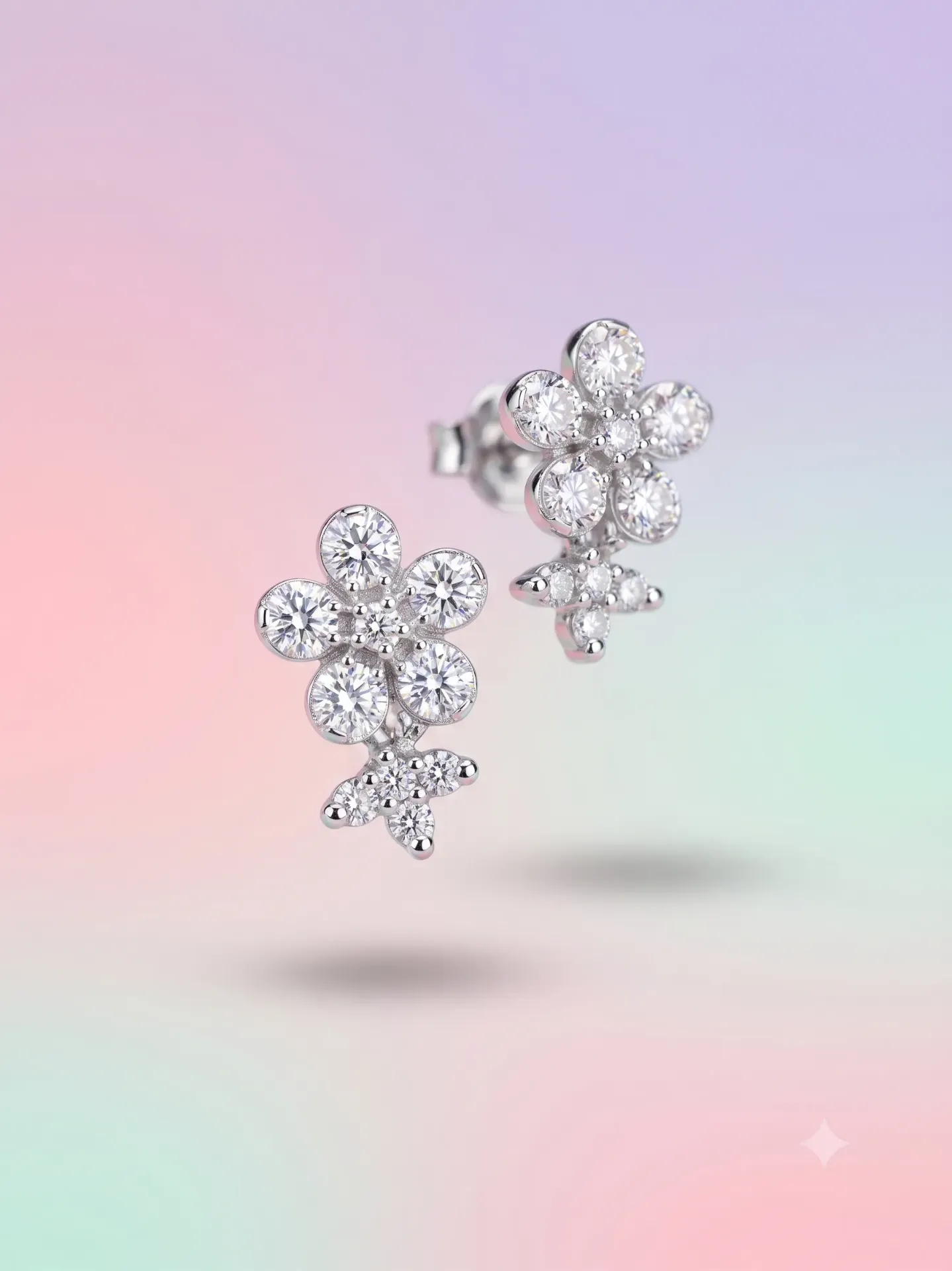 925 Pure Silver Twin Blossom Drop Stud Earrings with American Diamonds (Pair) E1.17
