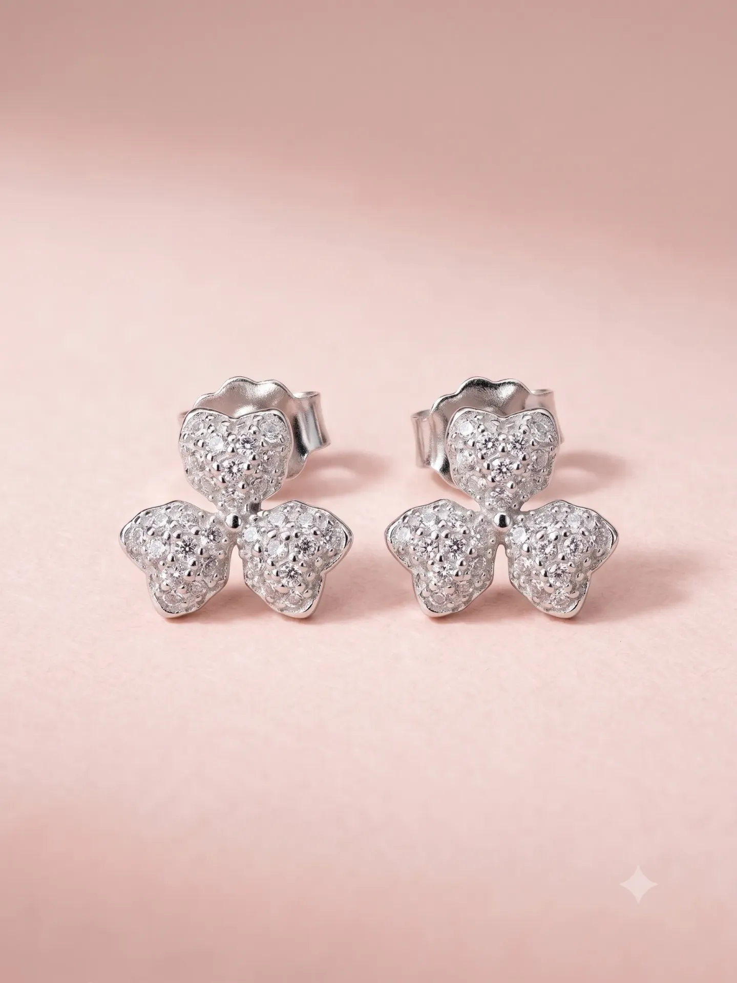 925 Pure Silver Three-Leaf Clover Pavé Stud Earrings with American Diamonds (Pair) E 1.22