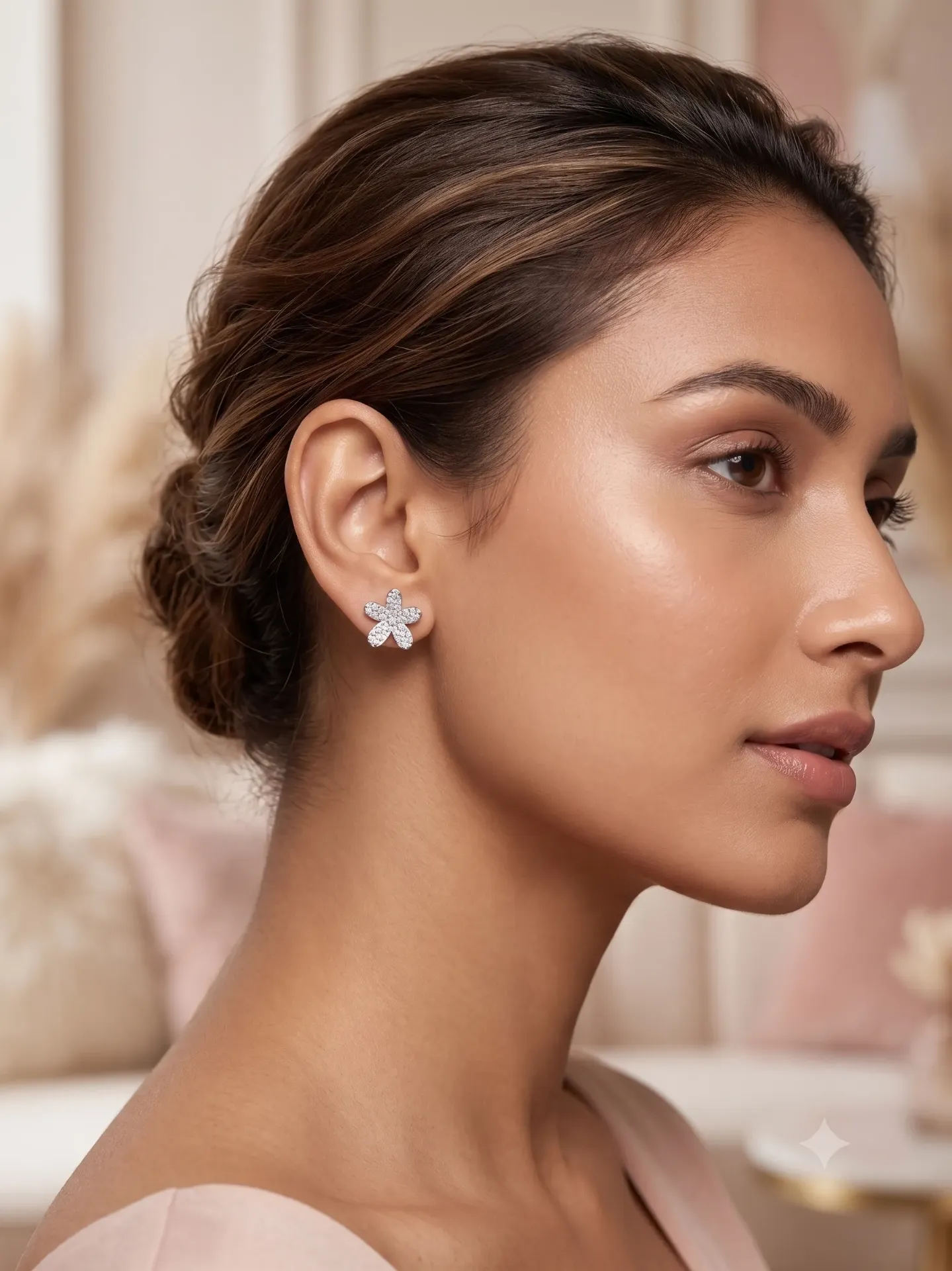 925 Pure Silver Sparkling Five-Petal Blossom Stud Earrings with American Diamonds (Pair) E 1.32