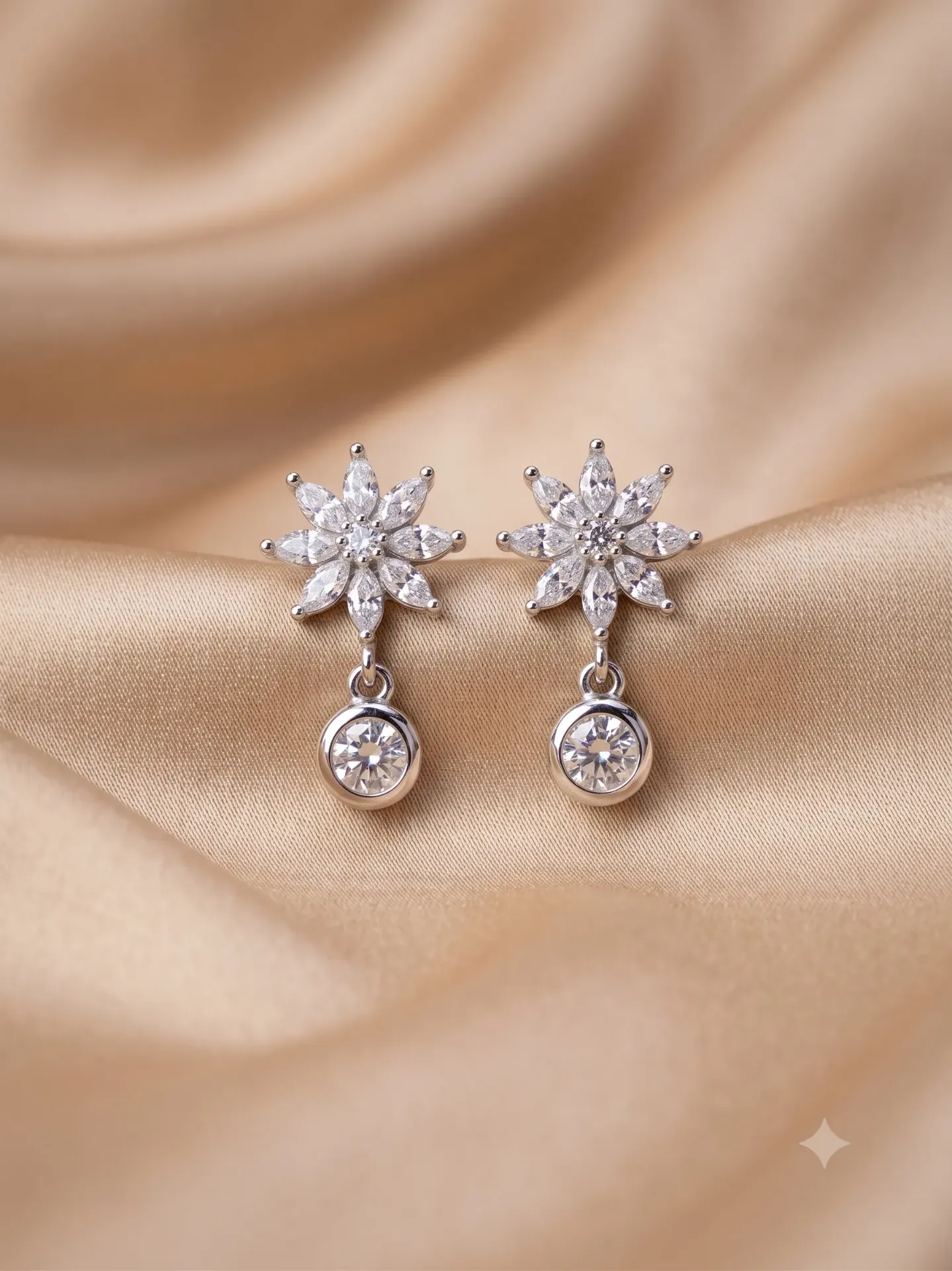 925 Pure Silver Floral Starburst Bezel Drop Earrings with American Diamonds (Pair) E 1.80