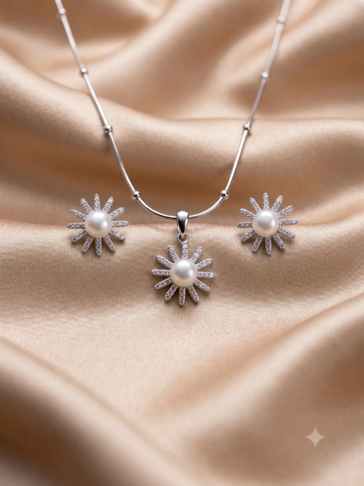 925 Pure Silver Radiant Sunburst Pearl Jewelry Set with Chain and Matching Stud Earrings P 1.60 e 3.14