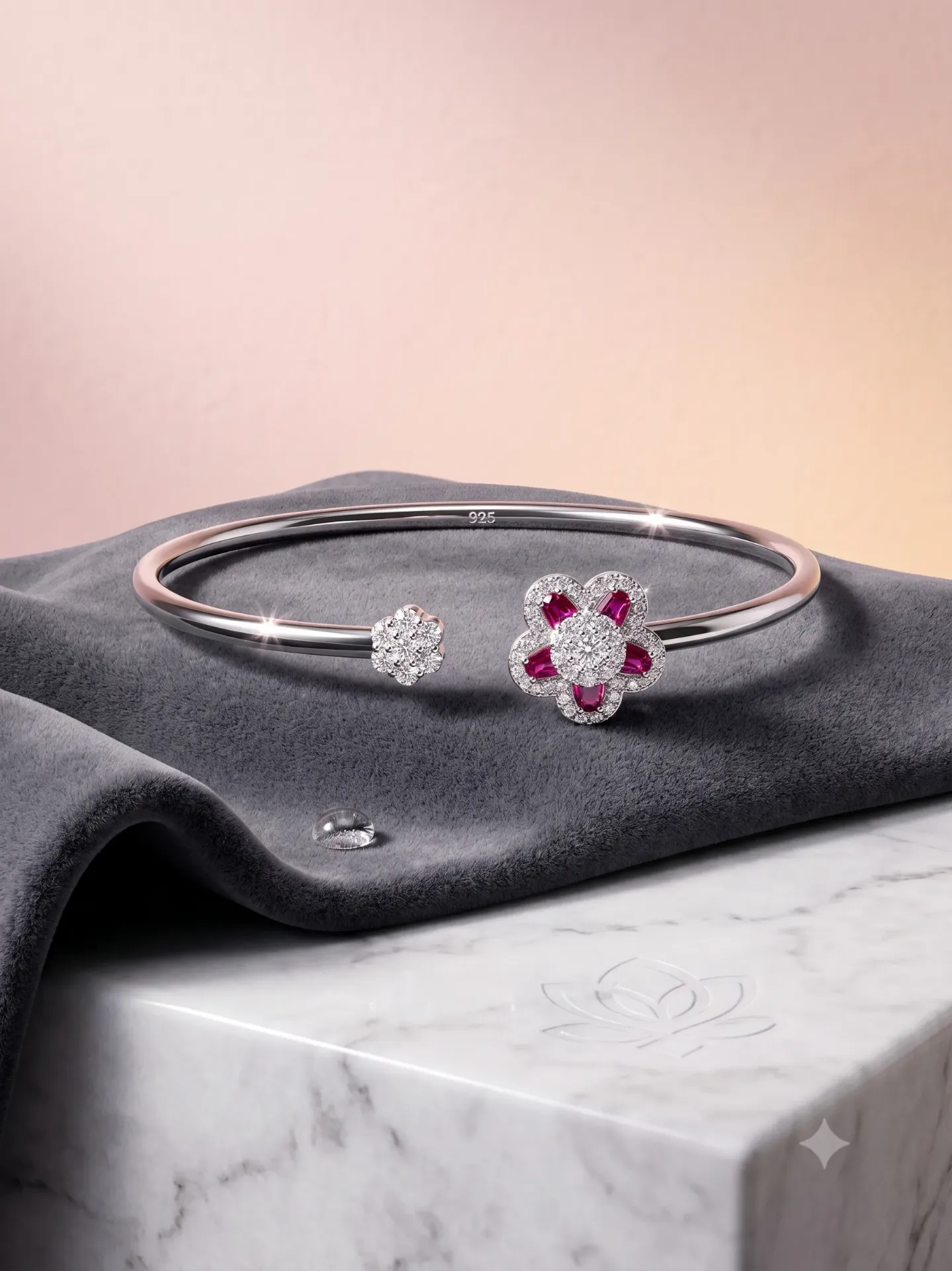 92.5% Pure Silver Pink Stone & AD Floral Open Cuff Bracelet (Single Piece) K 5.57