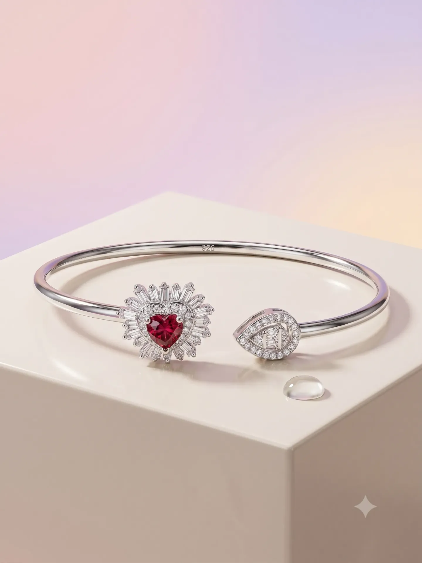 92.5% Pure Silver Pink Heart & AD Halo Open Cuff Bracelet (Single Piece) K 5.85