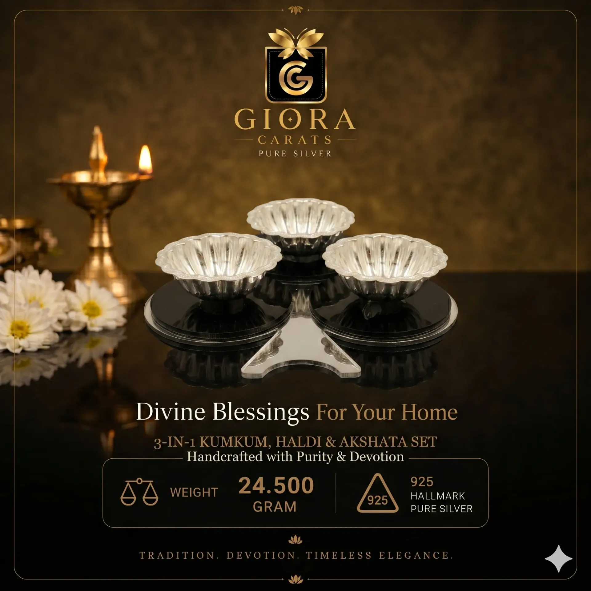 Silver 3-in-1 Kumkum, Haldi & Akshata Set