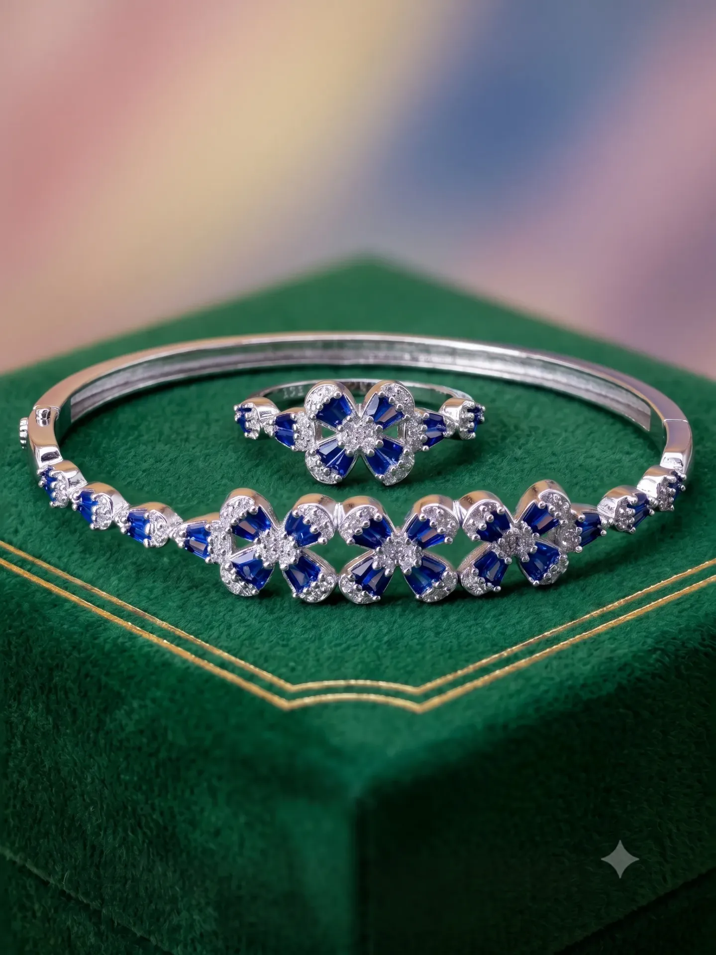 92.5% Pure Silver Blue Sapphire Colour AD Floral Bangle & Ring Set (Set of 2) B 12.17 r 2.28