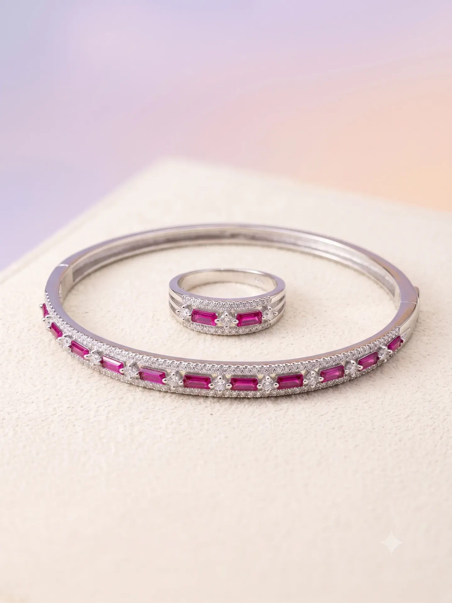 92.5% Pure Silver Emerald Colour AD Floral Bangle & Ring Set (Set of 2) B 11.21 r2.40 s