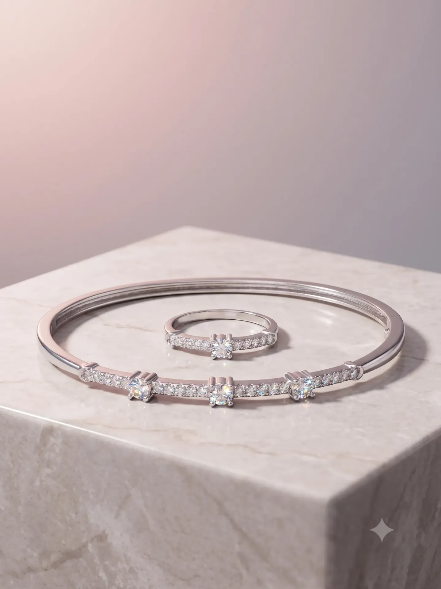 92.5% Pure Silver Minimalist American Diamond Bangle & Ring Set (Set of 2) B 6.91 r 1.39