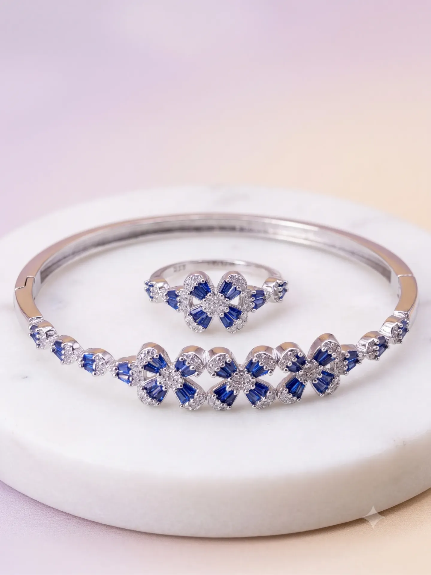 92.5% Pure Silver Ruby Colour Baguette AD Bangle & Ring Set (Set of 2) B 10.54 r 2.27 s 7