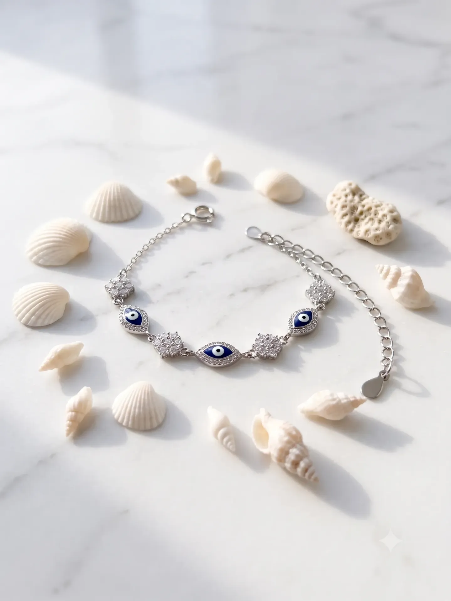 92.5% Pure Silver Evil Eye & AD Floral Chain Bracelet (Single Piece) B3.6