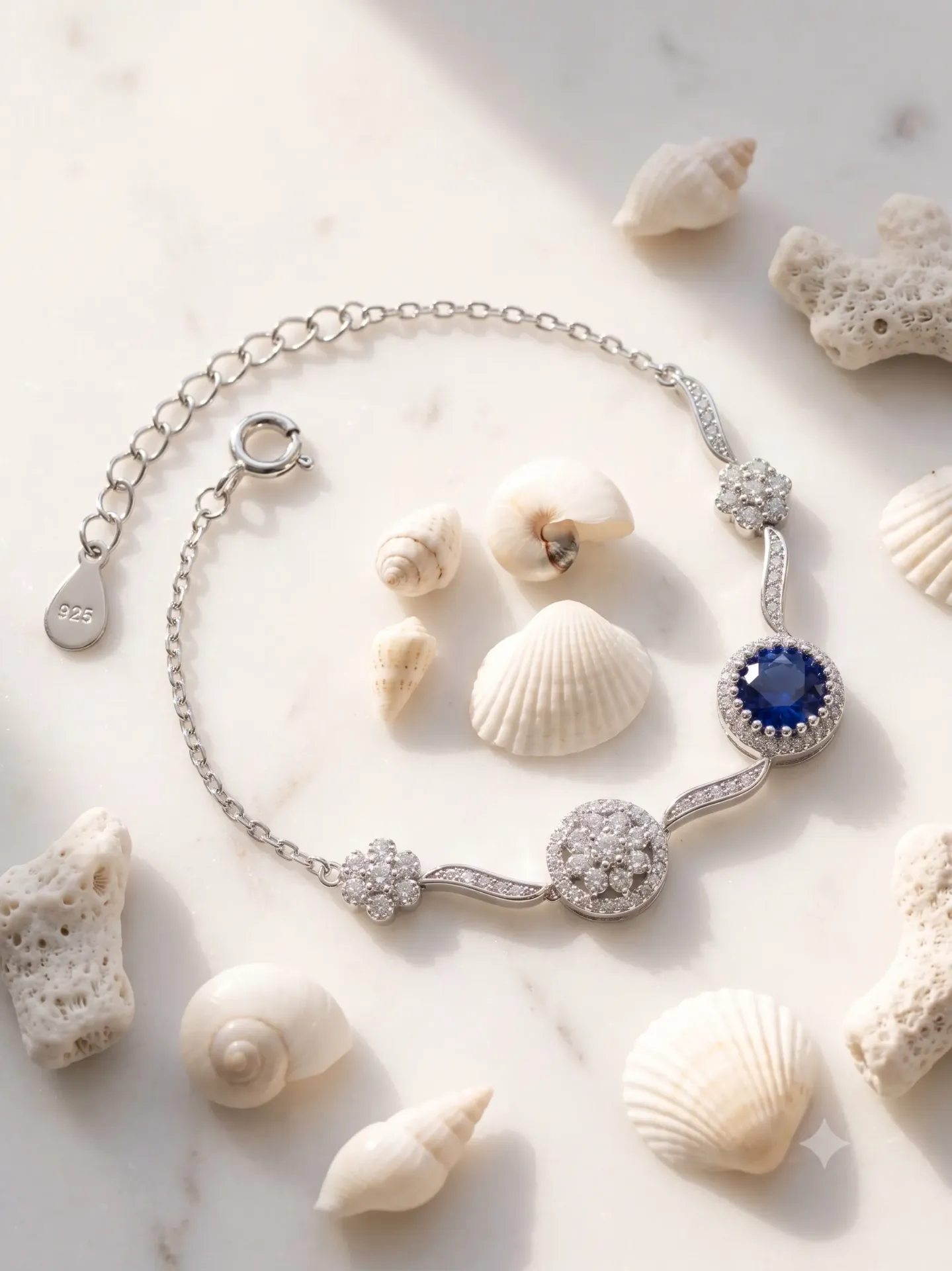 92.5% Pure Silver Blue Sapphire Colour Halo & AD Floral Chain Bracelet (Single Piece) B 2.9