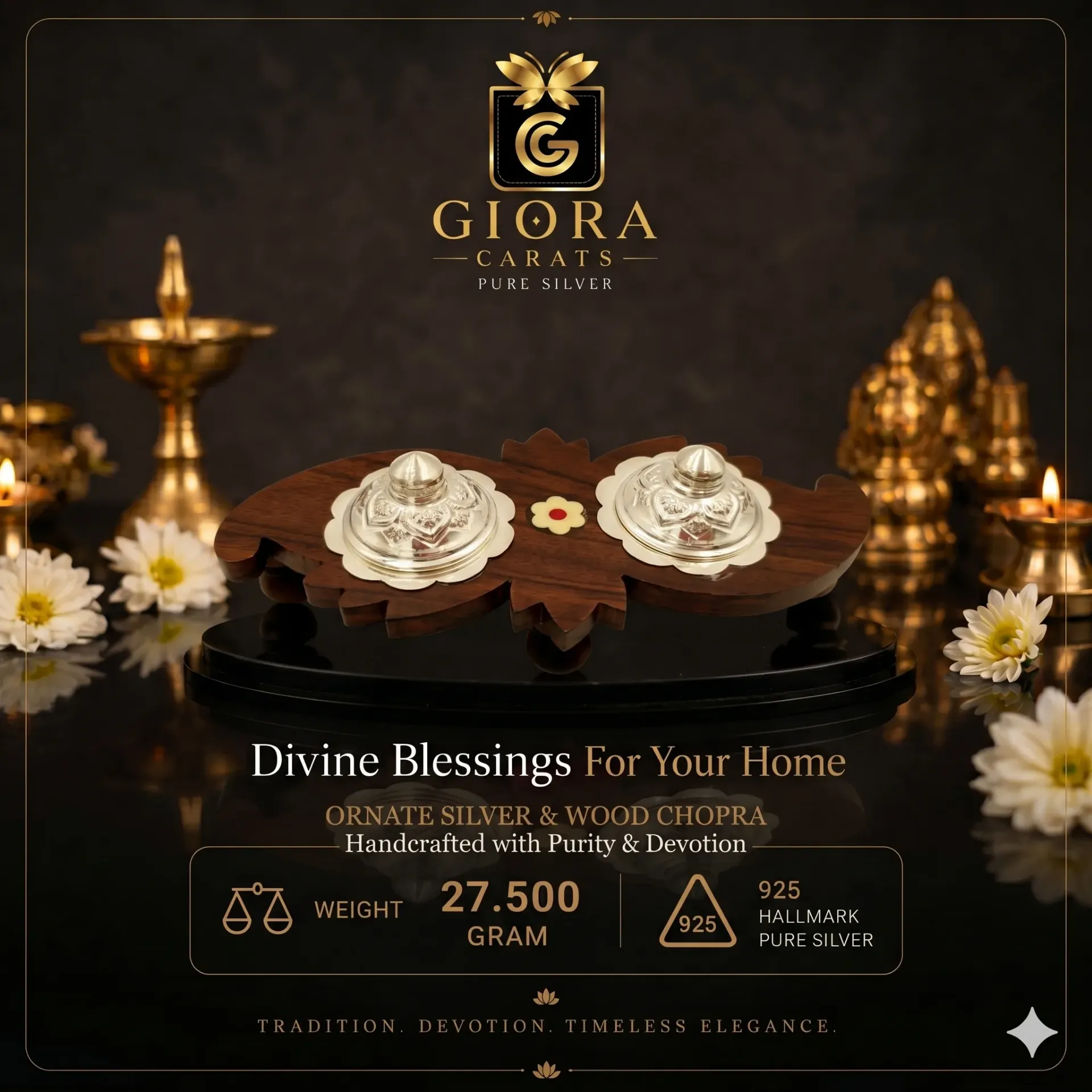 Ornate Silver & Wood Chopra (Kumkum Box Set)