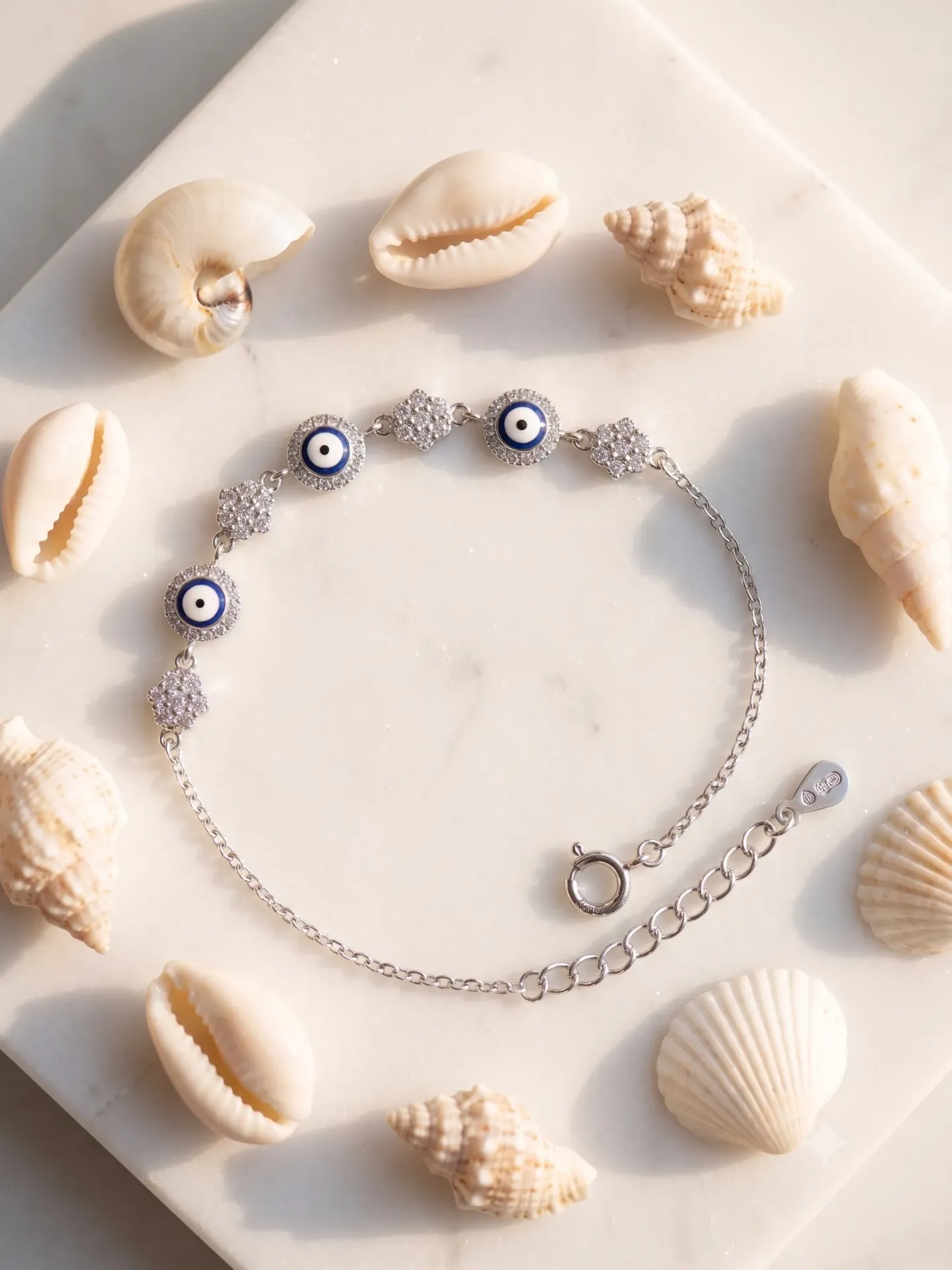 92.5% Pure Silver Evil Eye & AD Floral Halo Chain Bracelet (Single Piece) B 3.4