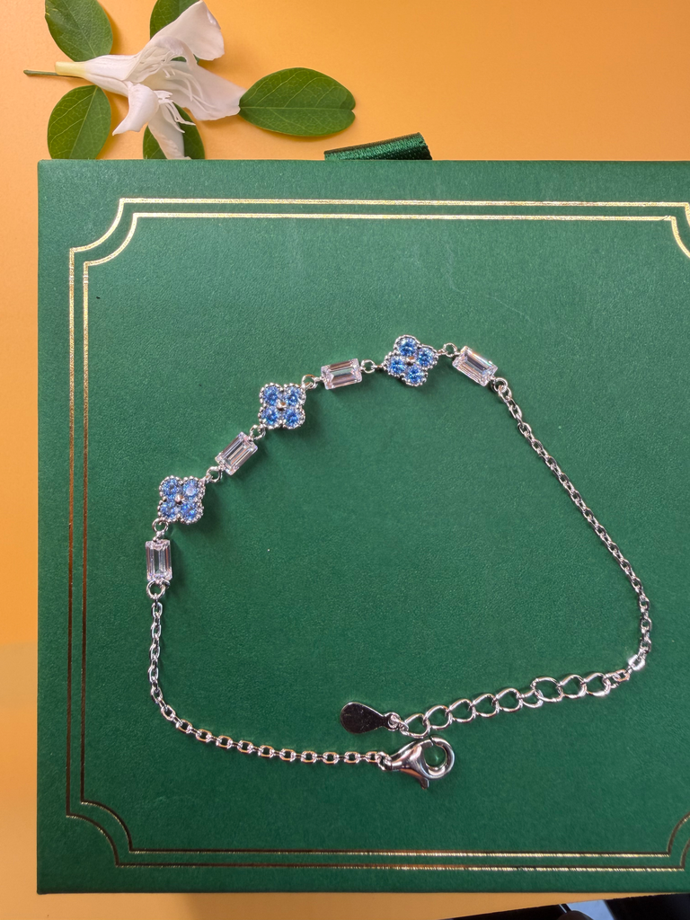 92.5% Pure Silver Light Blue Clover & Baguette AD Chain Bracelet (Single Piece) B 3.6