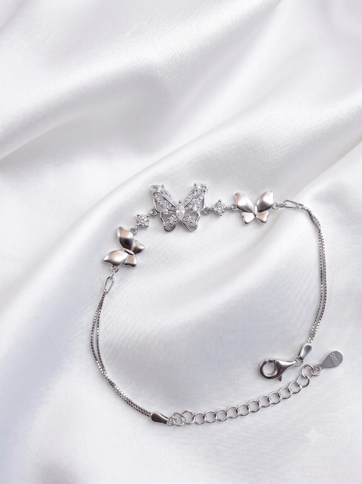 92.5% Pure Silver Ruby Colour & AD Butterfly Floral Chain Bracelet (Single Piece) B 4.2
