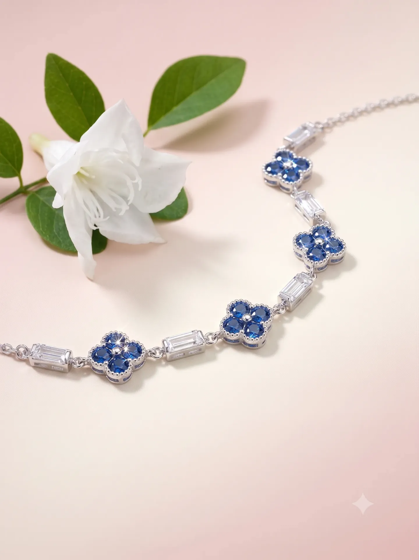 92.5% Pure Silver Blue Sapphire Colour Clover & Baguette AD Chain Bracelet (Single Piece) B3.4