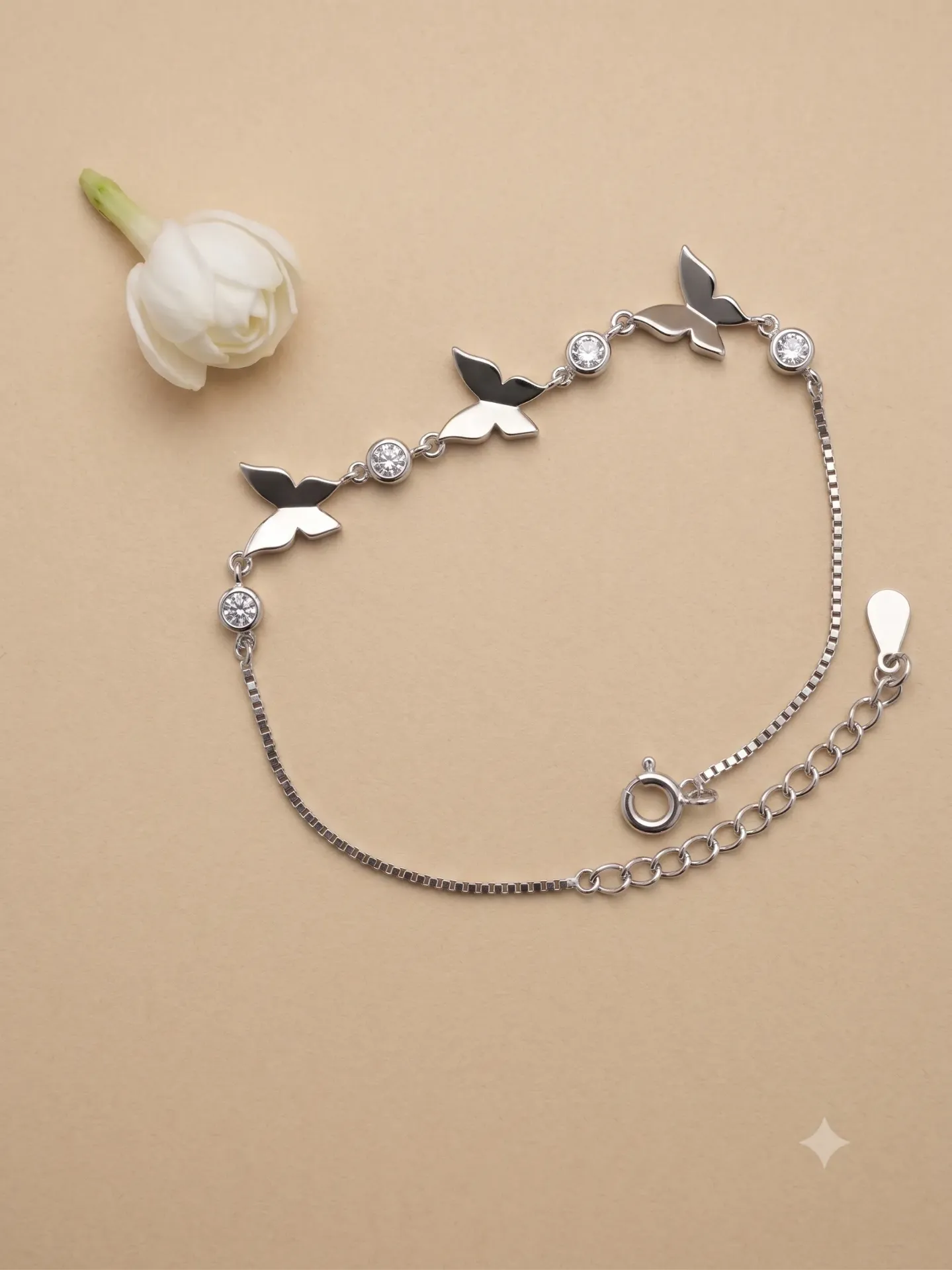 92.5% Pure Silver American Diamond Triple Butterfly Chain Bracelet (Single Piece) B 4.2