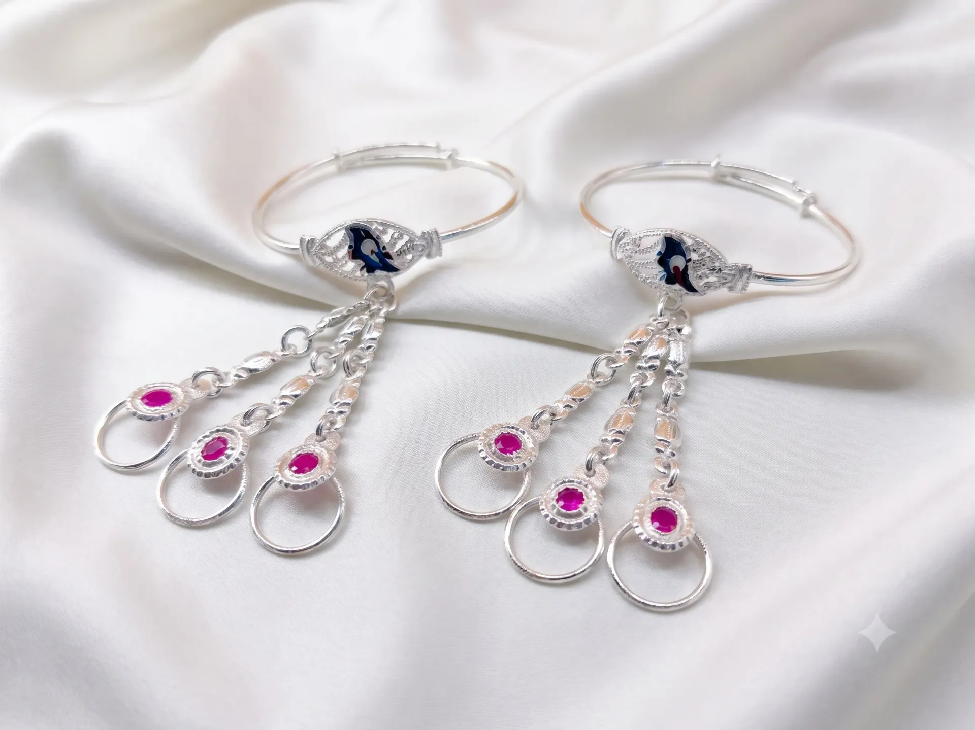Silver Traditional Hathphool Kids Hand Ornament Adjustable Pair Set Kada set 10.78