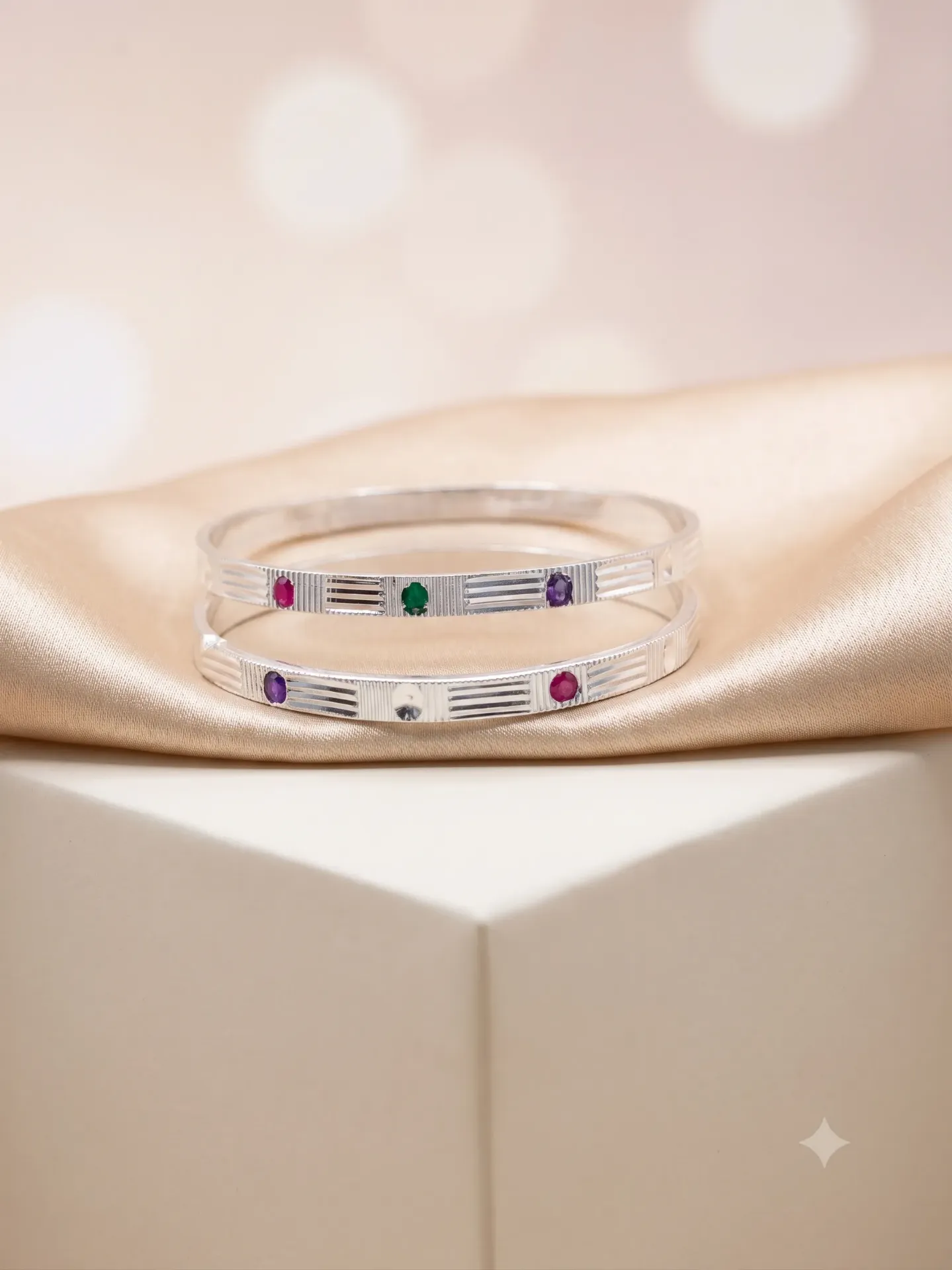 Sterling Silver Stone-Studded Geometric Bangle Kada Pair Set Baby kada 8.50