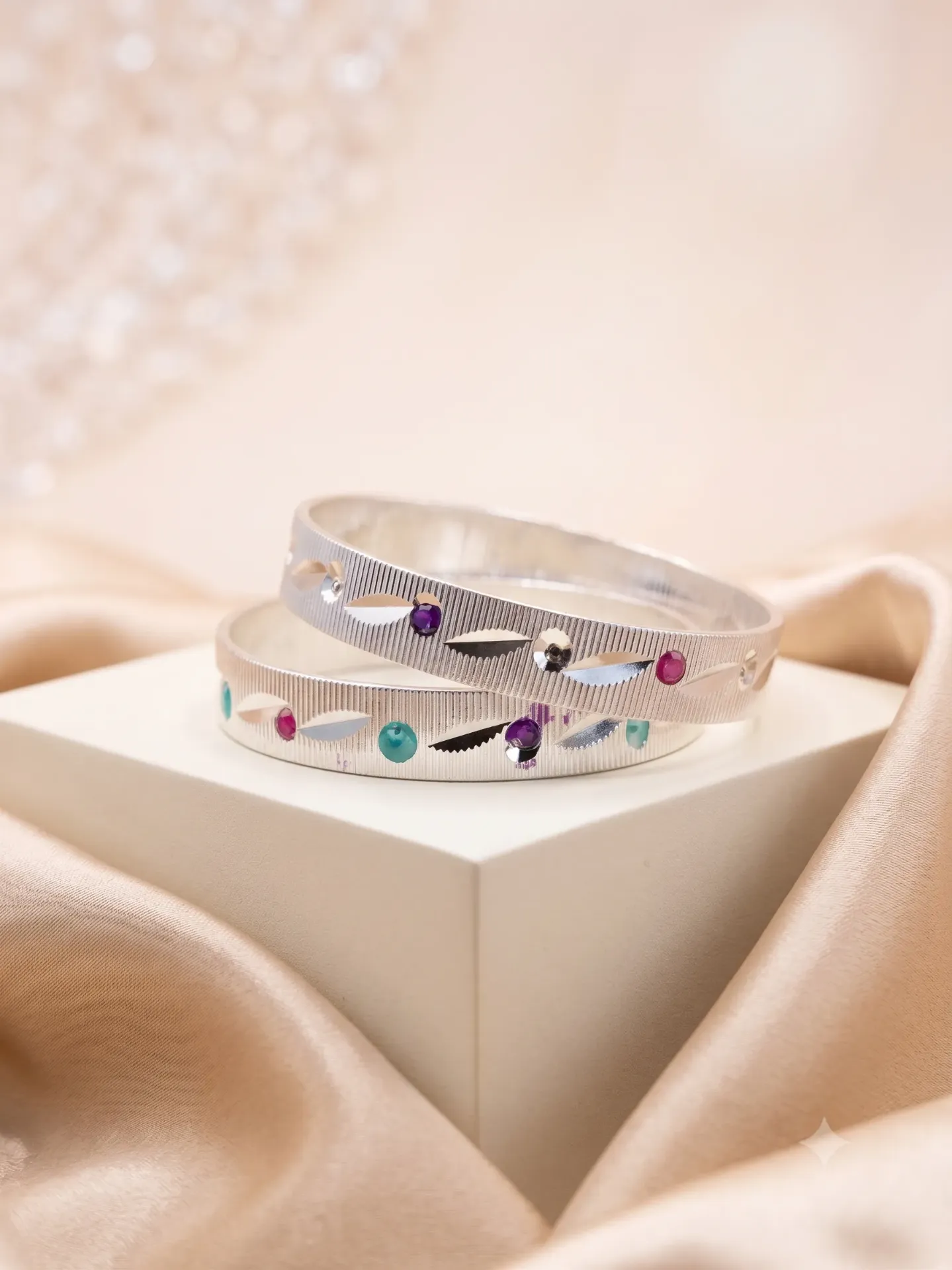 Sterling Silver Textured Stone-Inlay Bangle Kada Pair Set Baby kada 18.02