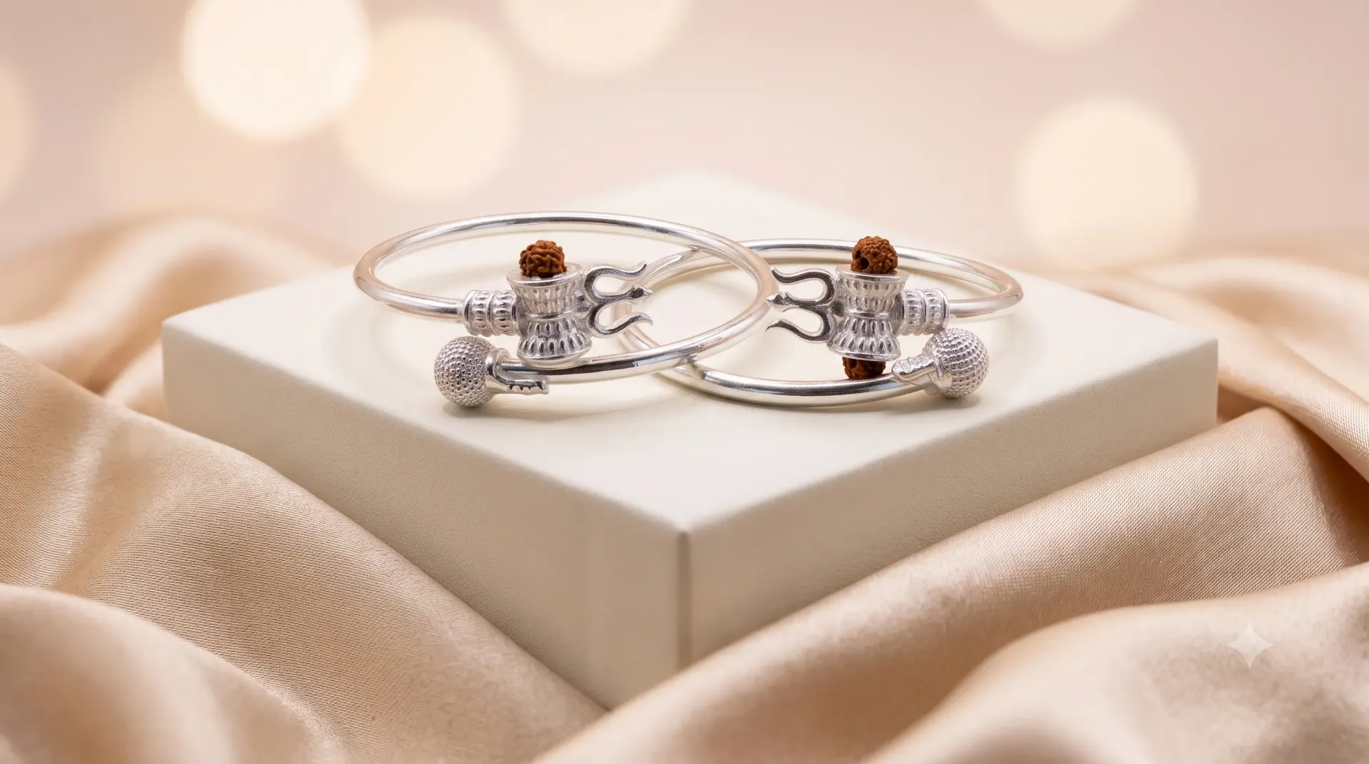 Sterling Silver Religious Trishul Rudraksha Kada Bangle Pair Set Baby kada 14.86