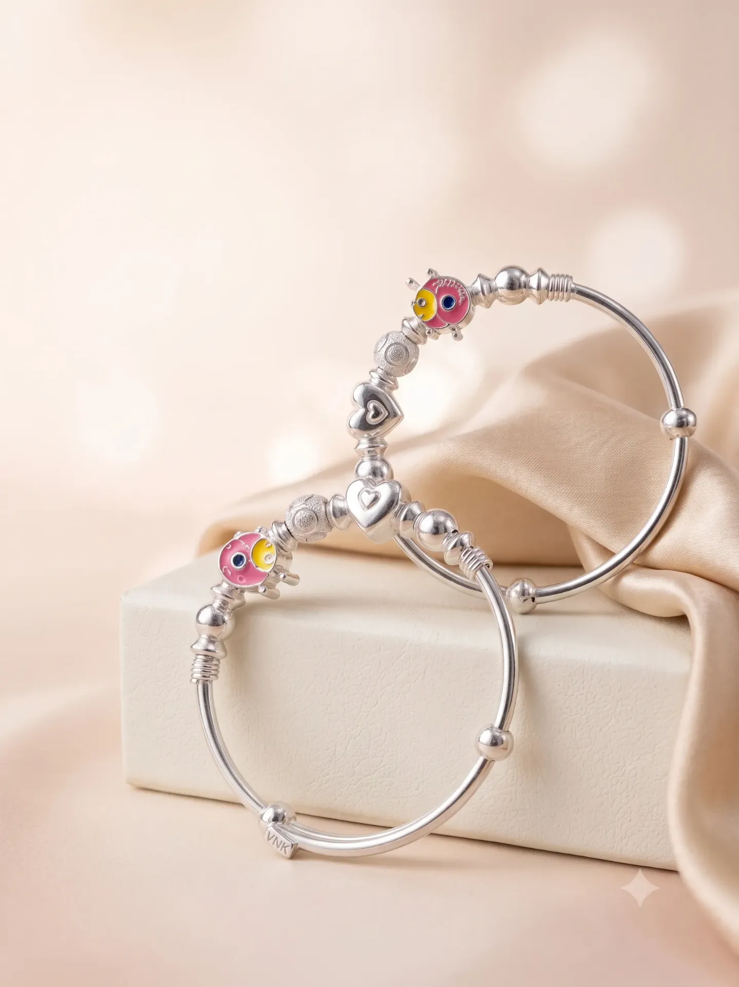 Sterling Silver Playful Charm Baby Bangle Kada Pair Set 17.11