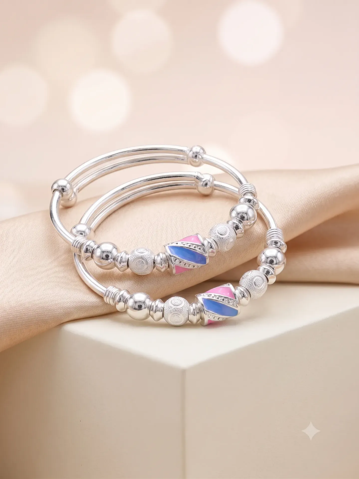 Sterling Silver Meenakari Beaded Baby Bangle Kada Pair Set  17.41