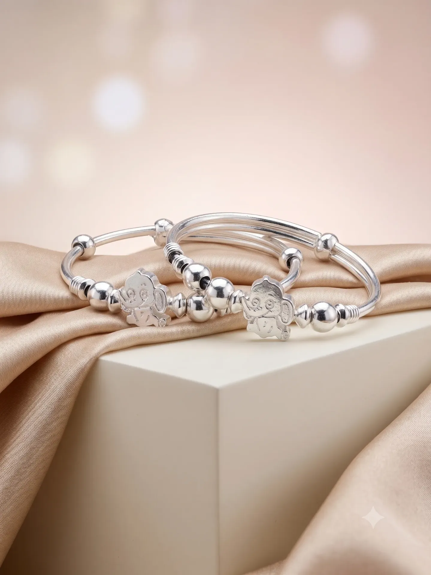 Sterling Silver Playful Elephant Charm Baby Bangle Kada Pair Set  17.56