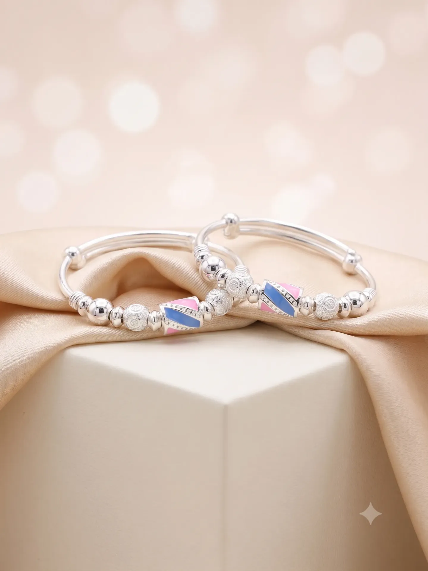 Sterling Silver Meenakari Beaded Baby Bangle Kada Pair Set 17.48