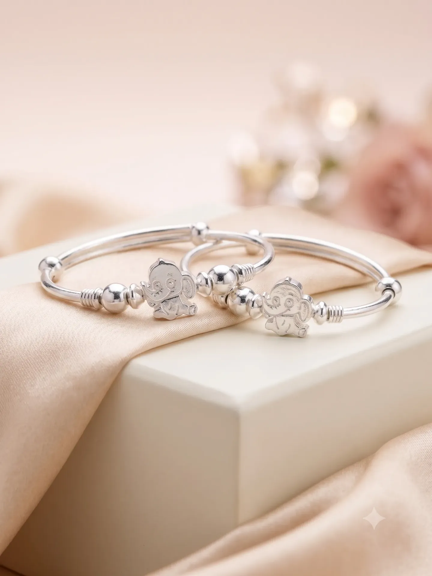 Sterling Silver Playful Elephant Charm Baby Bangle Kada Pair Set 16.41