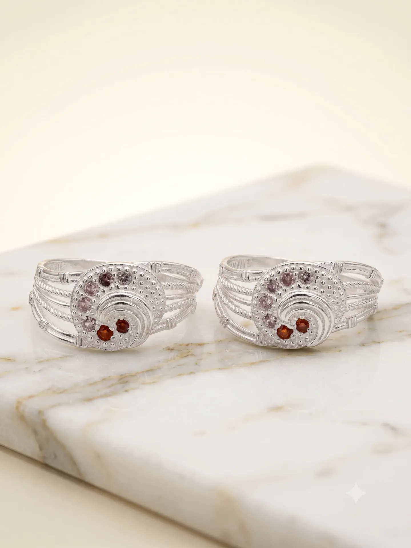 Silver Spiral-Textured Stone Toe Ring Bichiya Pair Set 17133/4 toe 3.43
