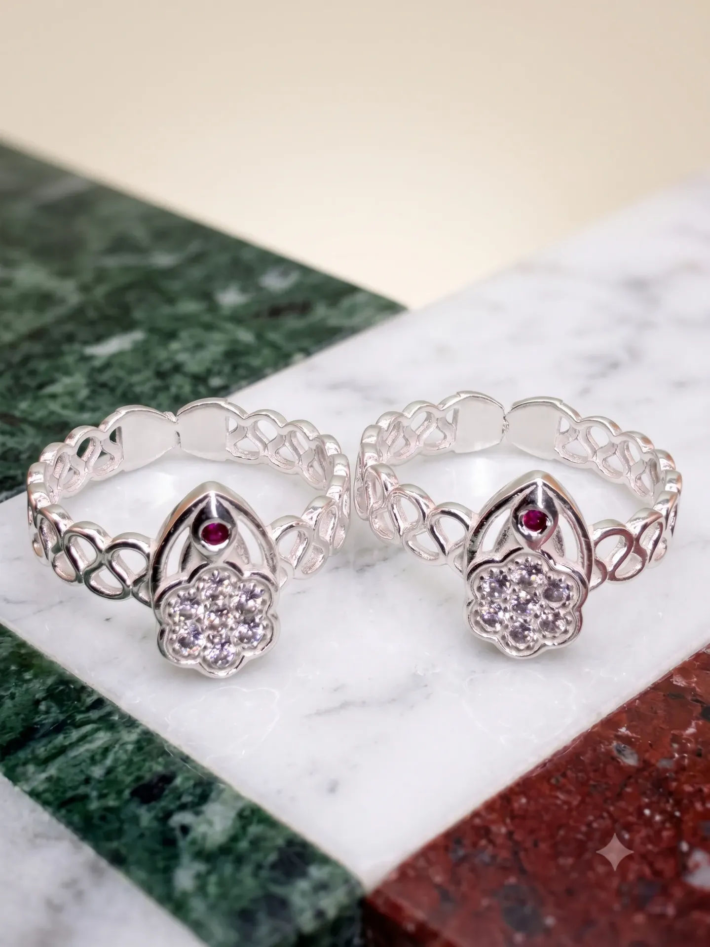 Sterling Silver Floral Stone-Studded Toe Ring Bichiya Pair Set 17133/5 toe 3.40