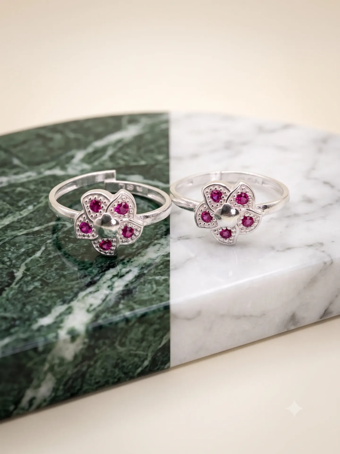 Sterling Silver Floral Pink-Stone Toe Ring Bichiya Pair Set 17133/6 toe 3.11