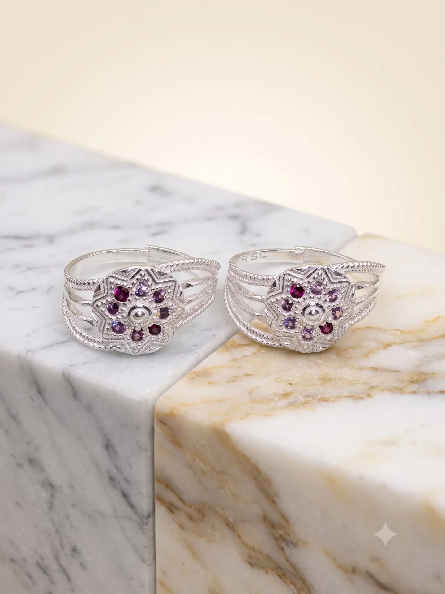 Sterling Silver Geometric Stone-Studded Toe Ring Bichiya Pair Set 17133/7 toe 3.52