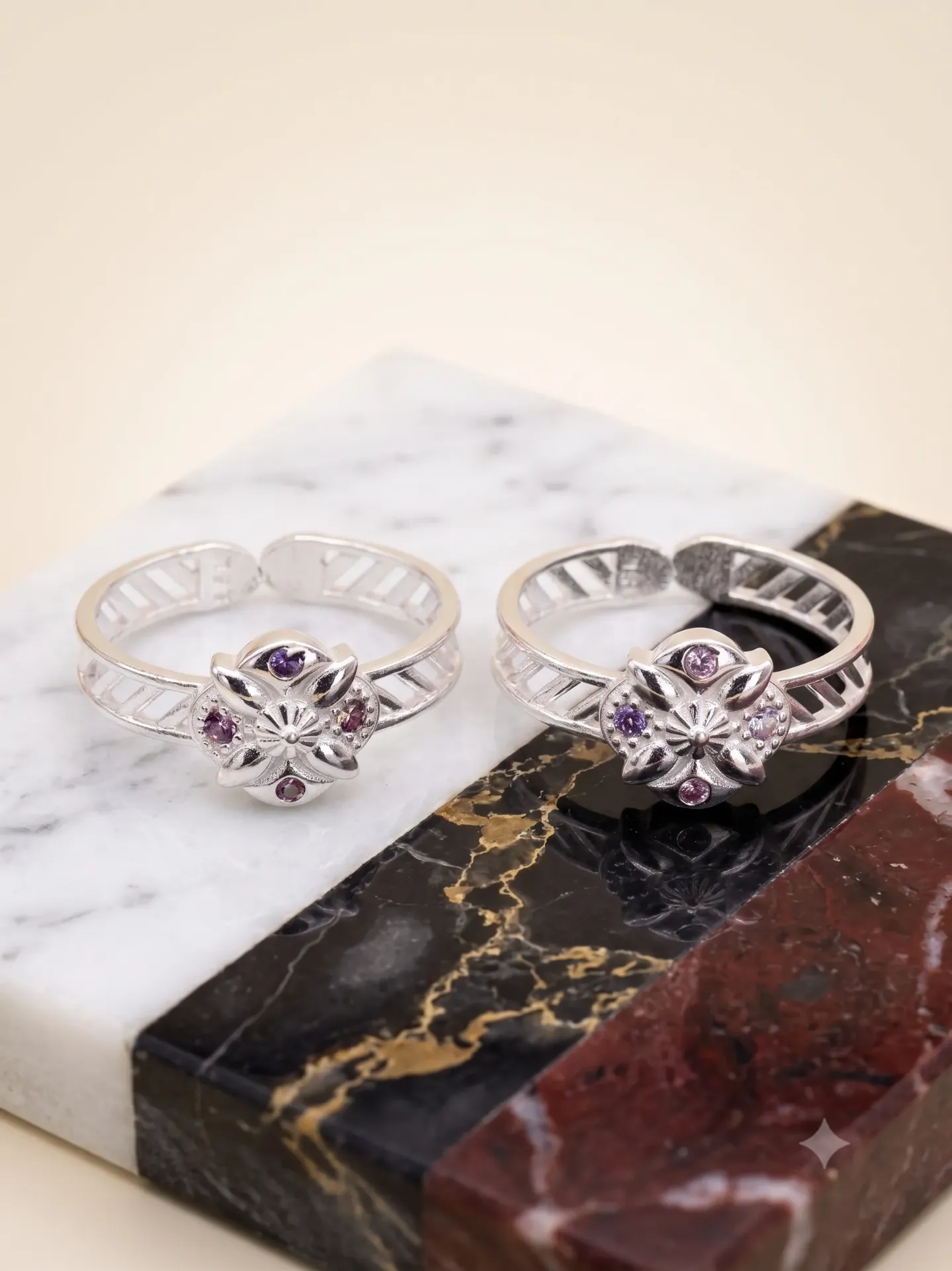 Sterling Silver Floral Stone-Accented Toe Ring Bichiya Pair Set 17133/8b toe 4.09