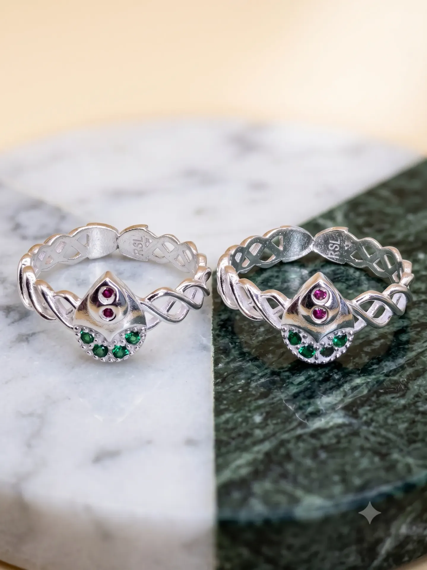 Sterling Silver Woven Teardrop Red & Green Stone Toe Ring (Bichiya) Pair 17133/15 toe 3.80