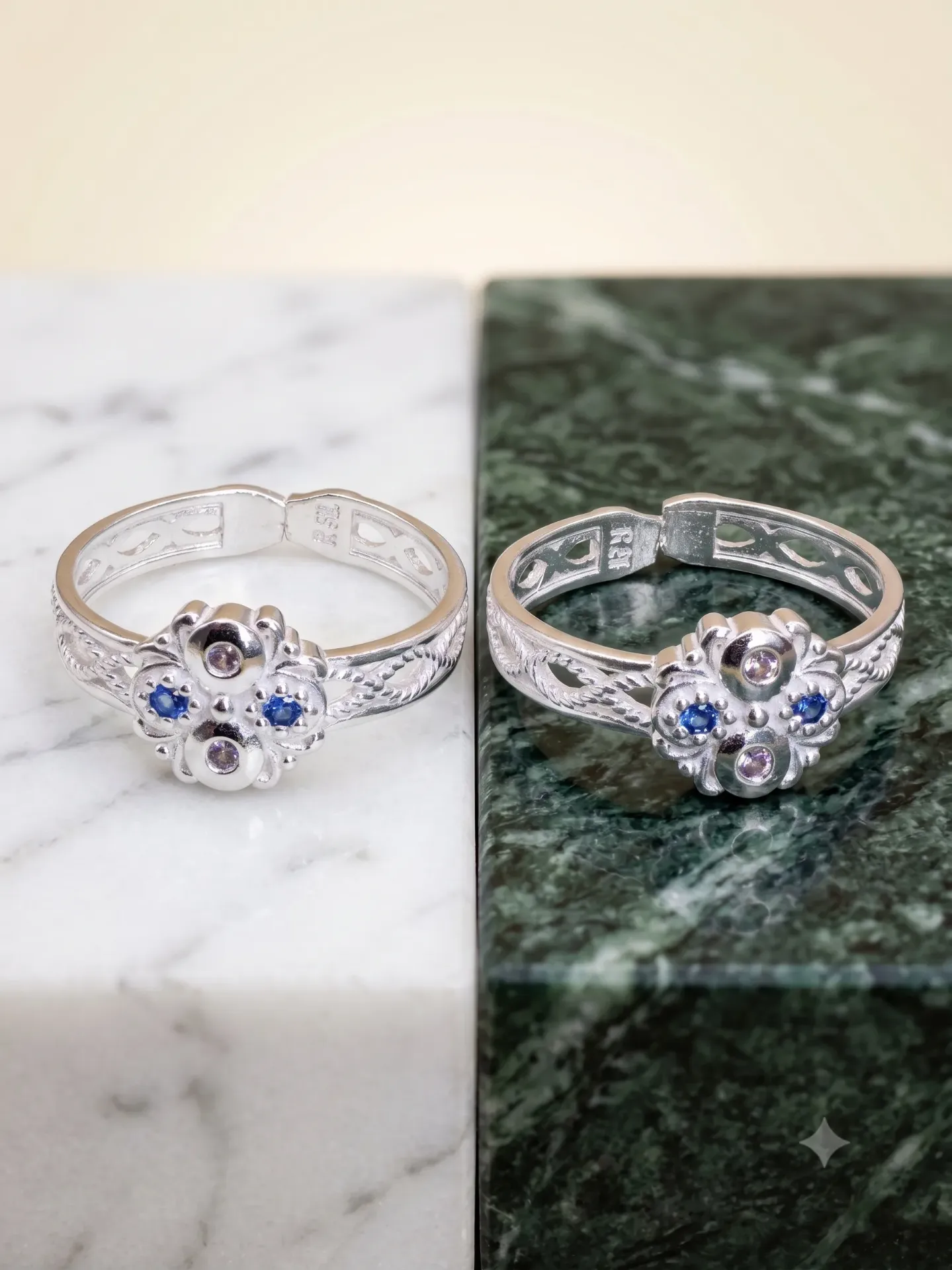Sterling Silver Floral Blue Stone Adjustable Toe Ring (Bichiya) Pair 17133/17b toe 3.59