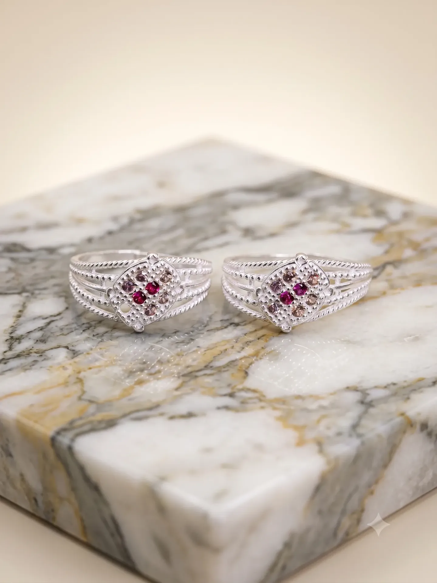 Sterling Silver Filigree Red Stone Toe Ring (Bichiya) Pair 17133/18 toe 3.61
