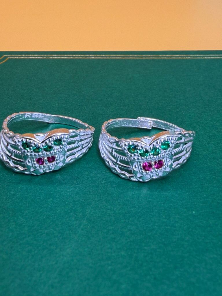 Sterling Silver Multi-Band Red & Green Stone Toe Ring (Bichiya) Pair 17133/20b toe 3.19