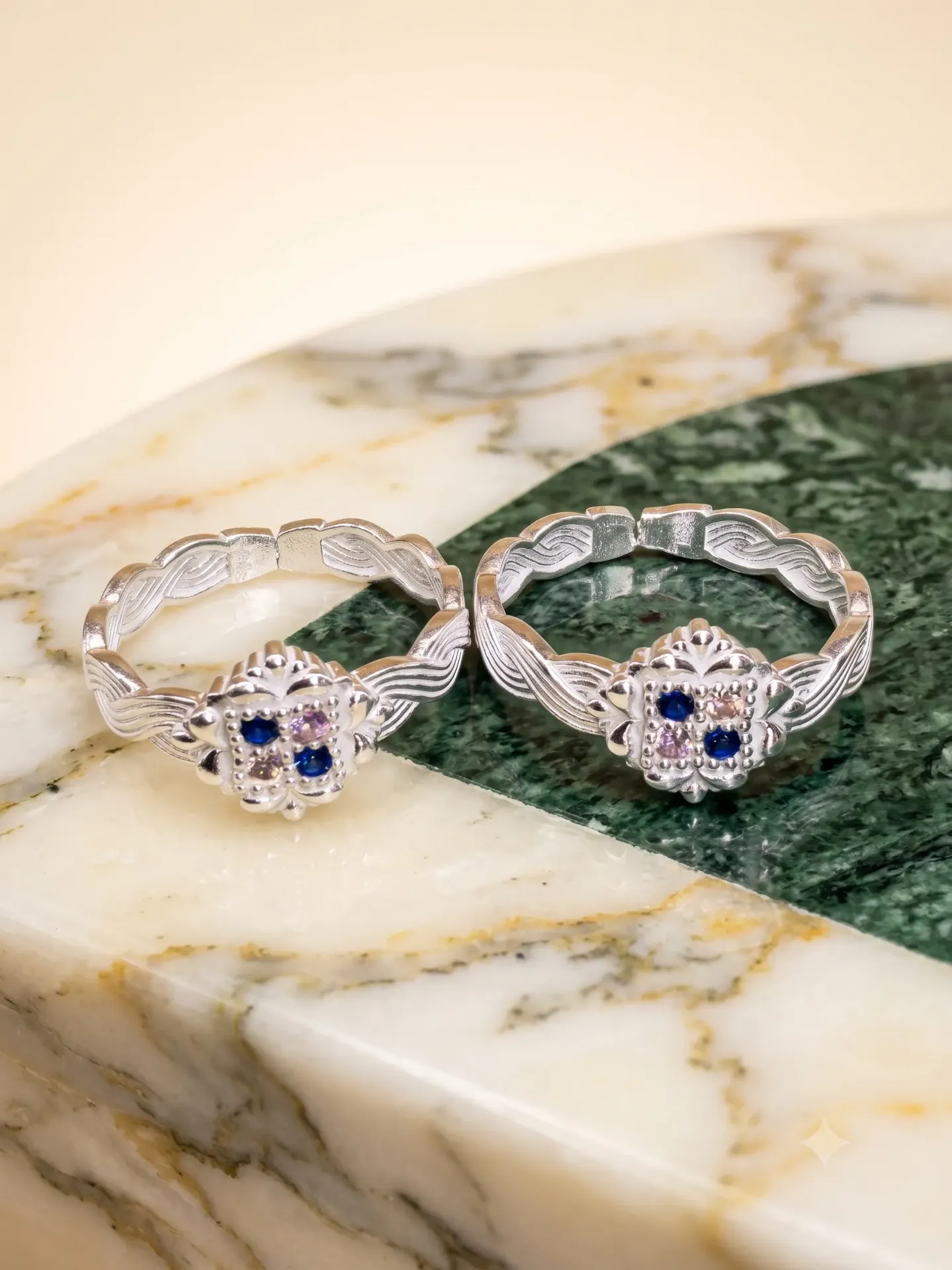 Silver Floral Blue Stone Adjustable Toe Ring (Bichiya) Pair 17133/21e toe 3.79