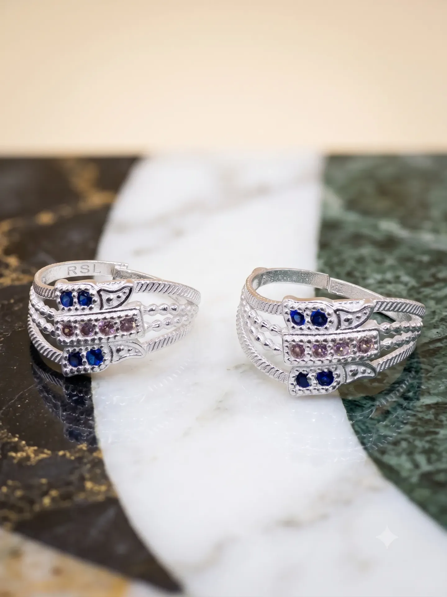 Sterling Silver Multi-Band Blue Stone Adjustable Toe Ring (Bichiya) Pair 17133/22 toe 3.749