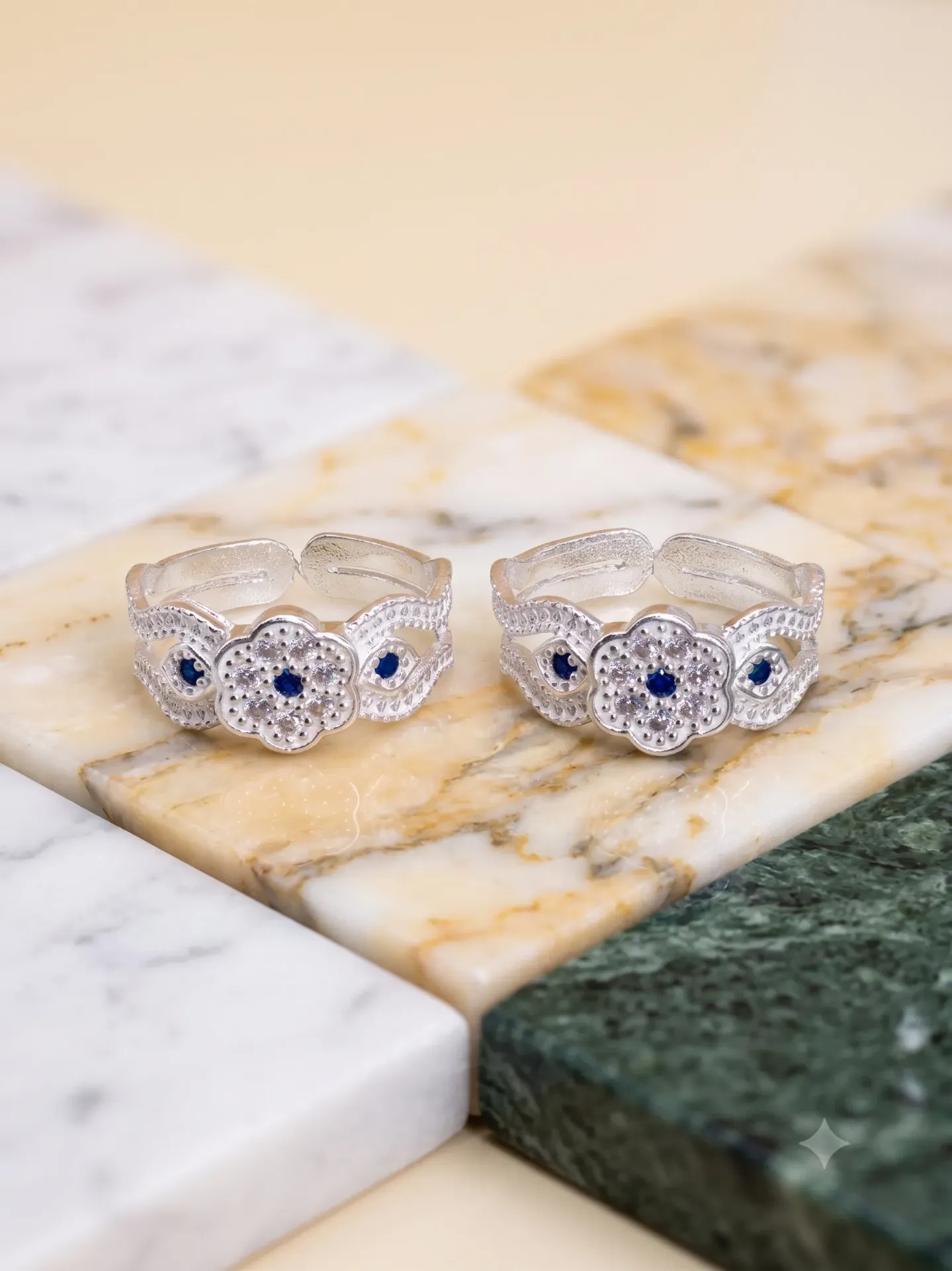 Sterling Silver Floral Blue Stone Adjustable Toe Ring (Bichiya) Pair 15594/1 toe 4.83