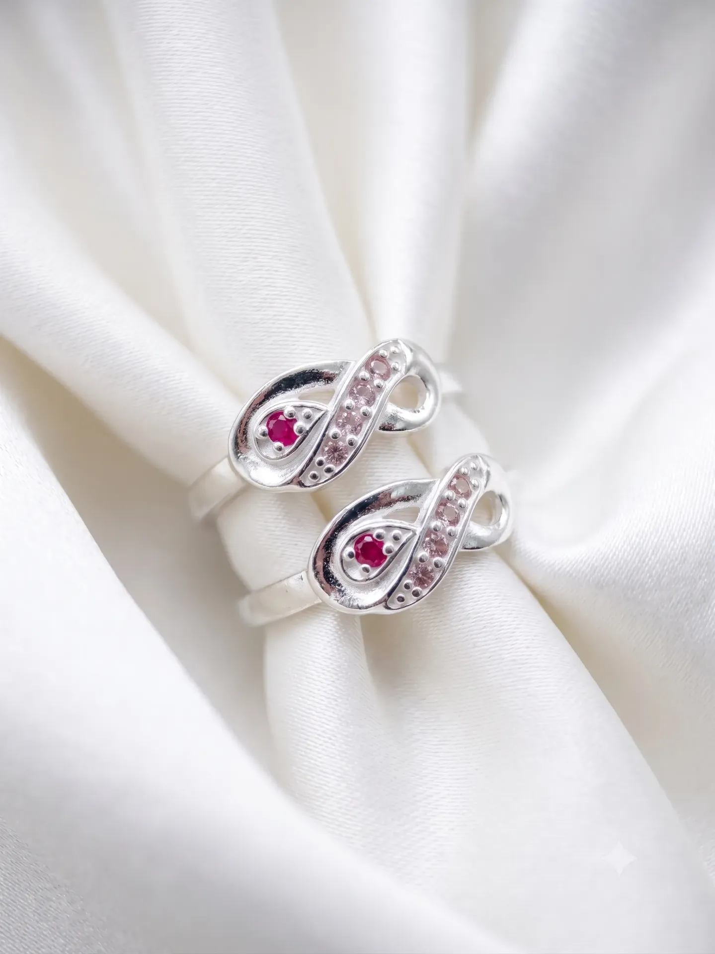 Sterling Silver Infinity Motif Pink Stone Adjustable Toe Ring (Bichiya) Pair 15594/6 toe 2.57