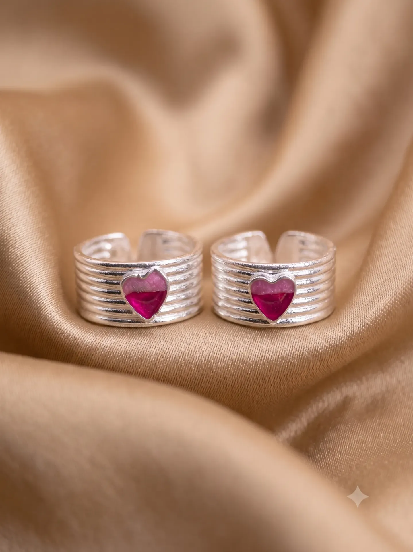Sterling Silver Wide Band Pink Heart Adjustable Toe Ring (Bichiya) Pair 17142/1 toe 9.51